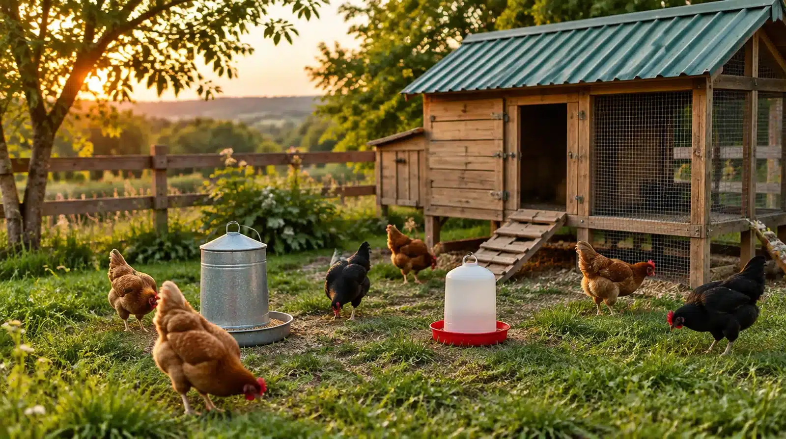 Gallinero de traspatio con comedero y bebedero